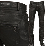 2015新款巴尔曼修身机车朋克褶皱韩版潮牌男士黑色PU哈雷水洗皮裤