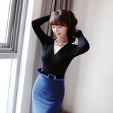 2015秋装新品韩版性感交叉深V领修身气质显瘦长袖打底针织衫毛衣