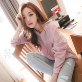 韩国代购2015春季新唯美格子长袖衬衫韩版中长款甜美小格女式衬衣