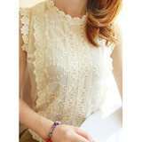 包邮 甜美女装夏季新款韩版修身上衣 无袖波浪边雪纺蕾丝衫打底衫