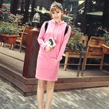 韩国代购女装2016秋季长袖连衣裙中长款卫衣裙修身显瘦套头纯色棉