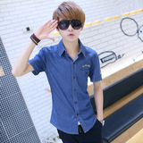 男士夏季新款牛仔短袖衬衫修身休闲韩版t恤纯色翻领青少年外套潮