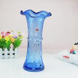 包邮彩色透明玻璃收口水培花瓶花器现代简约创意家居装饰摆设蓝色
