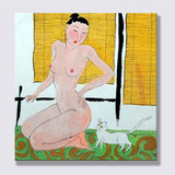 裸女与猫 手绘胡永凯仕女人物油画 中式古典客厅餐厅玄关装饰壁画