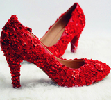 婚鞋红色新娘子高跟鞋红色礼服鞋亮片珍珠细跟结婚子女单鞋新款