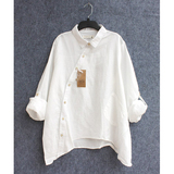 日本订单 设计师风格女款天然亚麻斜门襟长袖衬衫
