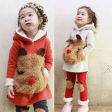 2015韩版秋冬女童套装 加厚抓绒卫衣立体小熊两件套儿童装
