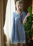 专柜正品麦可将2015夏新款女人纯棉短袖格子刺绣睡裙M1420401518