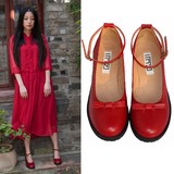 林印象Vintage手工鞋 甜美复古蝴蝶风小皮鞋中跟粗跟脚腕带红鞋