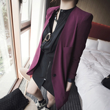 香港代购2016春秋韩版一粒扣V领紫色中长款气质修身小西装女外套