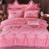 婚庆四件套大红粉色全棉蕾丝结婚刺绣贡缎提花结婚床罩被套床盖裙