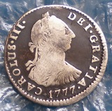 西属玻利维亚1777年卡洛斯三世1R双柱银币 稀见