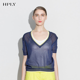 HPLY(荷比俪)新款休闲简约潮女V领短袖宽松套头撞色拼接薄针织衫