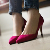 韩国代购2015春秋新款单鞋玫红色尖头女鞋细跟婚鞋浅口绒面高跟鞋
