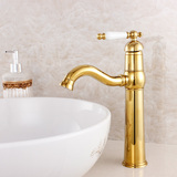 欧式卫浴台上盆金色冷热水龙头浴室全铜黄铜高脚镀金仿古旋转龙头