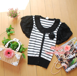 新款夏装 knit co黑白间色蕾丝娃娃领雪纺灯笼袖针织短袖开衫