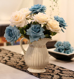 光影艺轩 法式卷边白蓝玫瑰 仿真花绢花假花装饰花艺餐桌婚礼