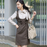 春秋装新品韩版女装淑女修身显瘦假两件套拼接背带长袖连衣裙韩版