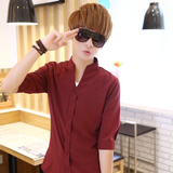 TR夏季新款韩版男士修身雪纺衬衫潮流立领纯色七分袖衬衫男短袖
