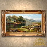 欧式古典纯手绘乡村风景动物油画有框美装饰画客厅餐厅挂画小绵羊