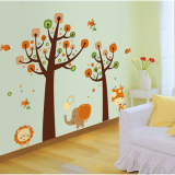 小鹿小象卡通树五代墙贴纸 儿童房卧室背景森林风景装饰贴画