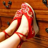 包邮老北京布鞋红色婚鞋新娘鞋民族风绣花鞋单鞋夏季坡跟绑带女鞋