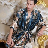 包邮夏季男士睡袍男装真丝睡衣睡袍袍浴袍 藏青日式和服系带睡袍