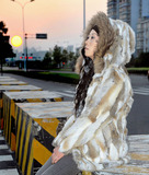 2015冬装新款女装 牛角扣皮草外套 进口兔毛皮草外套 中长款大衣