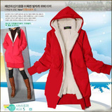 【特价】新款韩版女装V衣加长款外套 羊羔绒内胆连帽卫衣保暖棉衣