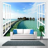立体3D无缝无纺布壁画阳光海滩窗户海景影视墙电视背景墙纸壁纸