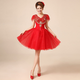 双肩短袖显瘦红色敬酒服短款蓬蓬裙华丽镶钻 夏季时尚结婚晚礼服