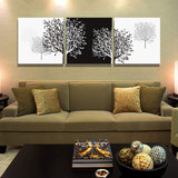 时尚简约客厅卧室三联拼接黑白发财树无框装饰画沙发背景餐厅壁画