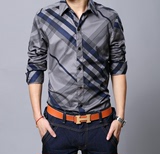 春季薄款男士纯棉长袖衬衫格子夏季韩版修身型青年条纹衬衣大码中