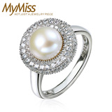 Mymiss施华洛世奇老凤祥麦米其925银镀铂金女戒指镶嵌淡水珍珠指