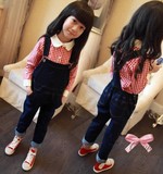 新款童装 韩版女童长袖格子衬衫+牛仔背带裤儿童春季两件套装亲子