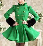 粉红大布娃娃秋冬装新款绿色双排金扣荷叶气质大摆毛呢大衣外套