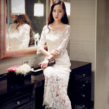 韩国代购秋装正品蕾丝连衣裙韩版七分袖中长款小香风蕾丝性感长裙