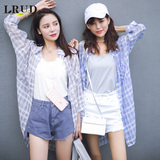 LRUD2016夏季新款韩版小清新格子衬衫女中长款宽松百搭防晒衫衬衣