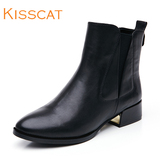 接吻猫女鞋新款牛皮中跟小圆头通勤舒适套脚短靴K55520-02DB