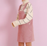 2016春装韩国学院风新款宽松复古粉色口袋灯芯绒背带裙女连衣裙