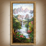 聚宝盆中式手绘油画山水孔雀风景瀑布欧式玄关客厅挂画装饰画有框