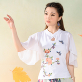 2016夏季新款民族风女装 中国风雪纺飞飞袖上衣复古盘扣绣花女t恤
