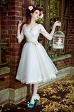 2016新款婚纱礼服短款显瘦韩版蕾丝公主V领复古长袖新娘出门纱