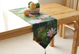 中式古典棉麻荷花桌旗 风韵茶几餐桌布艺 现代中式床旗绿色装饰布
