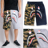 潮牌BAPE鲨鱼拼色迷彩潮流卫裤短裤 男士毛圈布运动沙滩裤短裤子