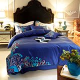 简约轻奢地中海纯棉贡缎刺绣花被套蓝色床单四件套刺绣样板房床品