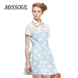 missoul米素春专柜同款简约收腰波点拼接韩版连衣裙