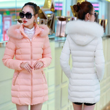 2015冬装韩版女士轻薄羽绒服中长款蕾丝大码大毛领加厚棉衣外套潮