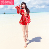 夏季波西米亚红色长袖连体裤海边度假V领短款休闲裤女连衣沙滩裤