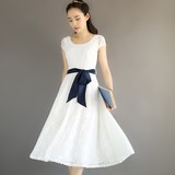 夏季新款甜美蝴蝶结白色蕾丝复古收腰连衣裙学生文艺表演礼服长裙